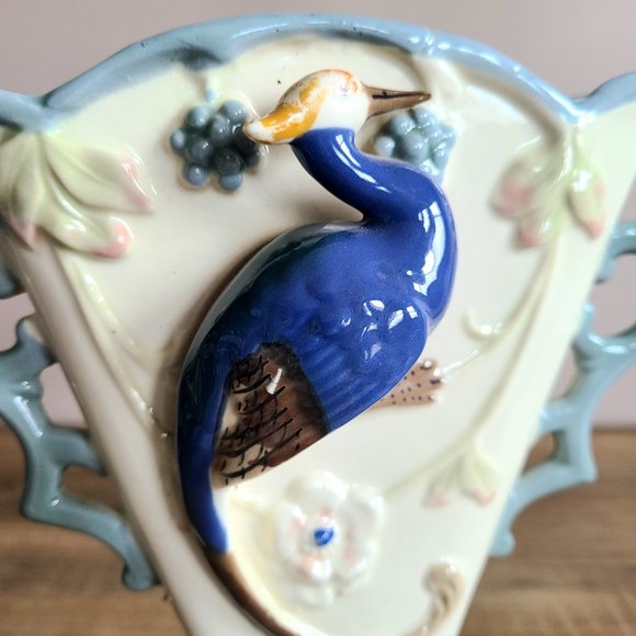Vintage narrow ceramic vase with 3D exotic bird and handles. - Picture 8 of 10